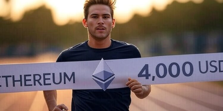 Un maratonista que está por cruzar la meta, que tiene el logo de Ethereum y 4.000 dólares.