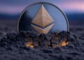 Una moneda de Ethereum saliendo de la tierra.