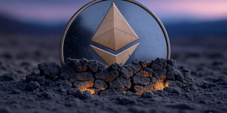 Una moneda de Ethereum saliendo de la tierra.