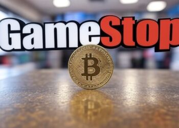 Una moneda de bitcoin en una tienda de GameStop.
