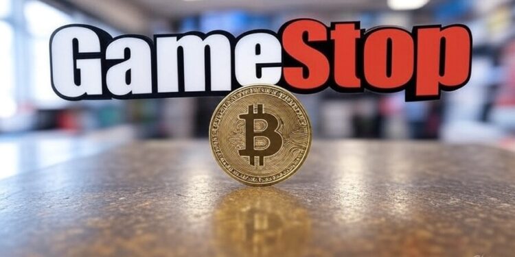 Una moneda de bitcoin en una tienda de GameStop.