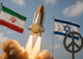 Un cohete que representa a bitcoin subiendo de precio, con banderas de Irán e Israel y un símbolo de la paz.