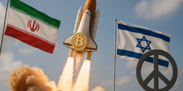 Un cohete que representa a bitcoin subiendo de precio, con banderas de Irán e Israel y un símbolo de la paz.