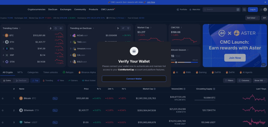 Image that shows the CoinmarketCap website along with the malicious message that says