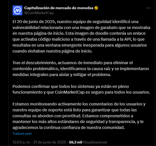 Communicated X by the CoinmarketCap team, where he explains what happened and reaffirms his commitment to users.