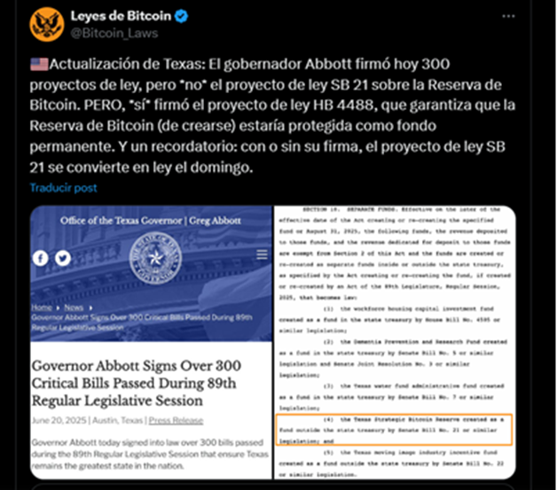 Tweet of the @bitcoin_laws account that shows an update of the Texas Legislative Process in terms of Bitcoin reserves.