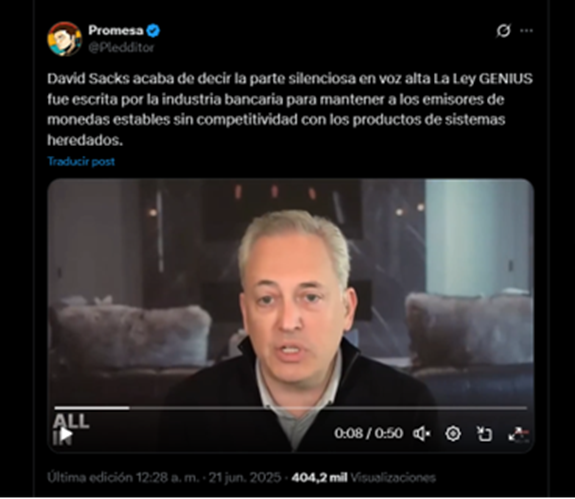 Usuario de X reposteó un fragmento de una entrevista que se le realizó a David Sacks el 20 de junio de 2025.