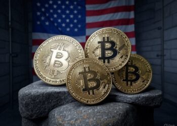 Monedas de BTC junto a la bandera de EEUU.