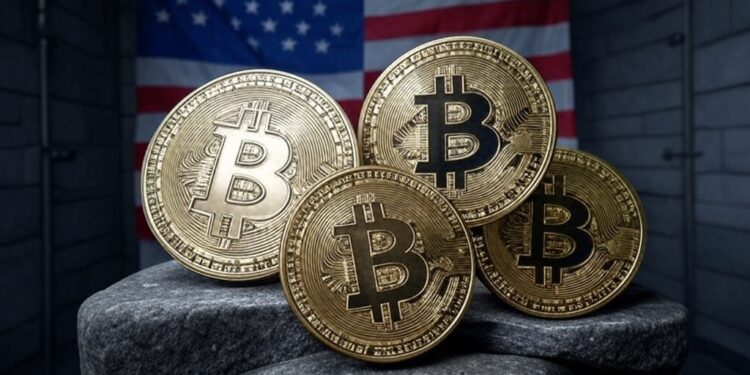 Monedas de BTC junto a la bandera de EEUU.