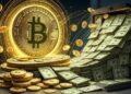 moneda de bitcoin y al lado billetes de dólares.