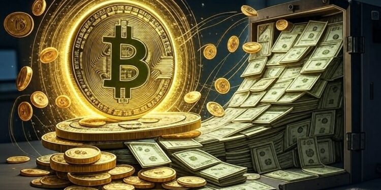 moneda de bitcoin y al lado billetes de dólares.