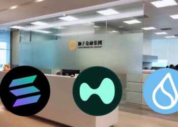 Oficinas de LGHL y logos de las criptomonedas.