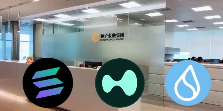 Oficinas de LGHL y logos de las criptomonedas.