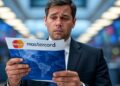 Una persona sosteniendo un documento de Mastercard.