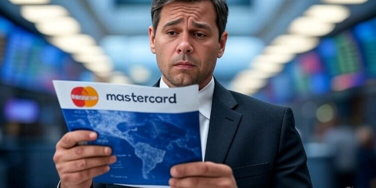 Una persona sosteniendo un documento de Mastercard.