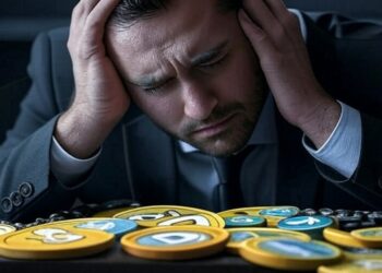 Una persona con las manos en la cabeza se lamenta y mira monedas sobre una mesa.