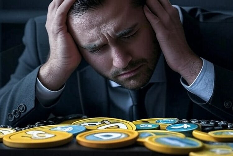 Una persona con las manos en la cabeza se lamenta y mira monedas sobre una mesa.