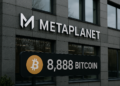 Edificio de Metaplanet con un letrero que dice 8.888 bitcoin (imagen generada mediante IA).