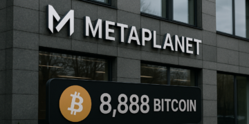 Edificio de Metaplanet con un letrero que dice 8.888 bitcoin (imagen generada mediante IA).