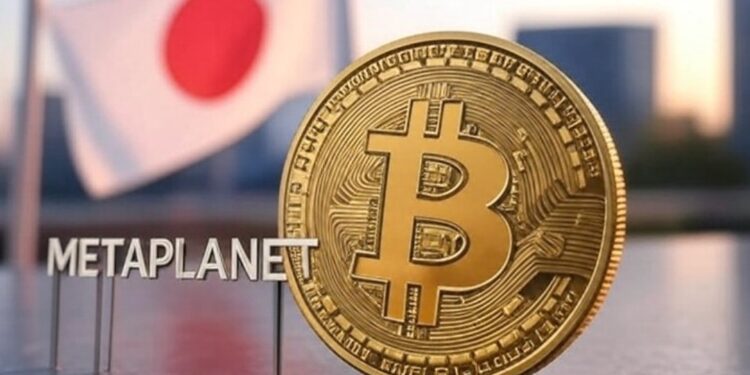 Metaplanet junto a bitcoin y la bandera de Japón.