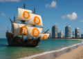 Una carabela desembarcando en Miami con el logo de bitcoin en las velas.