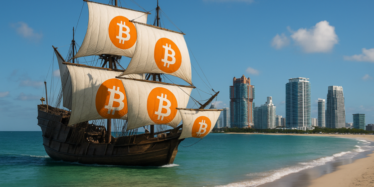 Una carabela desembarcando en Miami con el logo de bitcoin en las velas.