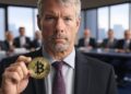 Michael Saylor sostiene una moneda dorada de bitcoin.