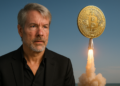 Michael Saylor y una moneda física de bitcoin subiendo como un cohete.