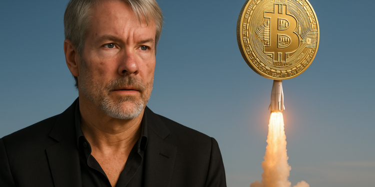 Michael Saylor y una moneda física de bitcoin subiendo como un cohete.