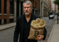 Imagen representativa de Michael Saylor caminando por una calle con una bolsa llena de bitcoin en la mano.