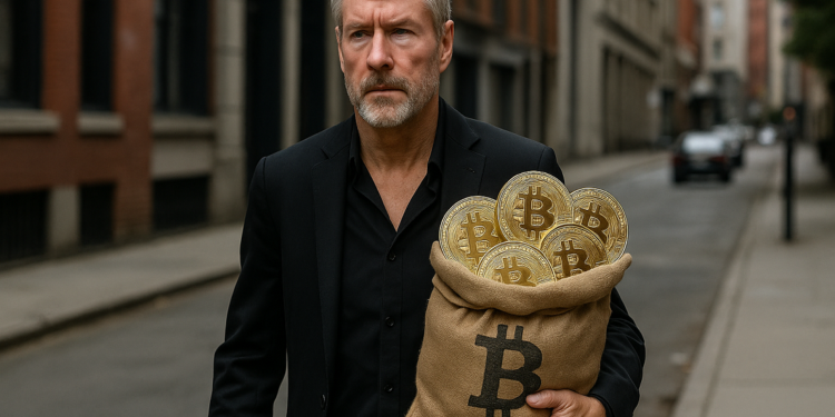 Imagen representativa de Michael Saylor caminando por una calle con una bolsa llena de bitcoin en la mano.