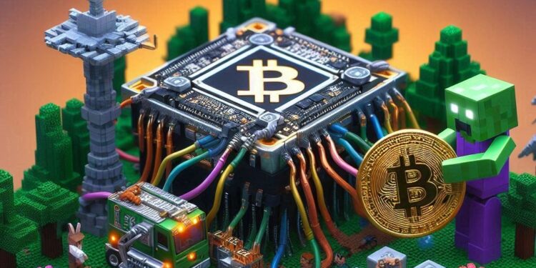 mini ASIC de bitcoin estilo fantasy art y minecraft