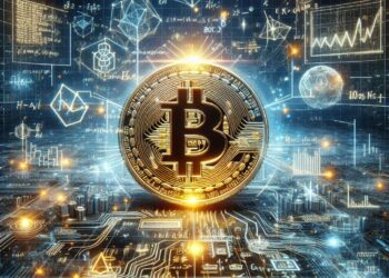 Una moneda de BTC rodeada de figuras geométricas y cálculos matemáticos.