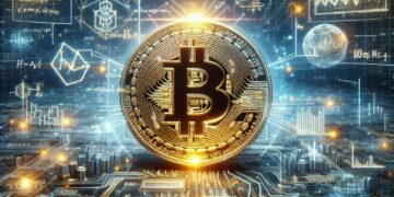 Una moneda de BTC rodeada de figuras geométricas y cálculos matemáticos.