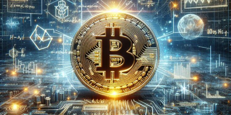 Una moneda de BTC rodeada de figuras geométricas y cálculos matemáticos.