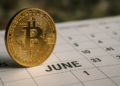 Moneda física de bitcoin arriba de un calendario de junio.