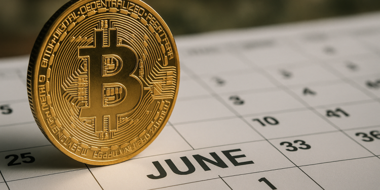 Moneda física de bitcoin arriba de un calendario de junio.