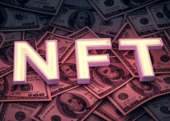 La palabra NFT alrededor de billetes de dólar.
