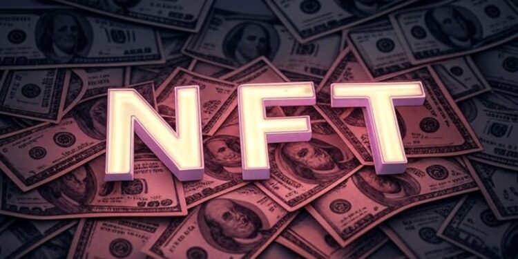La palabra NFT alrededor de billetes de dólar.