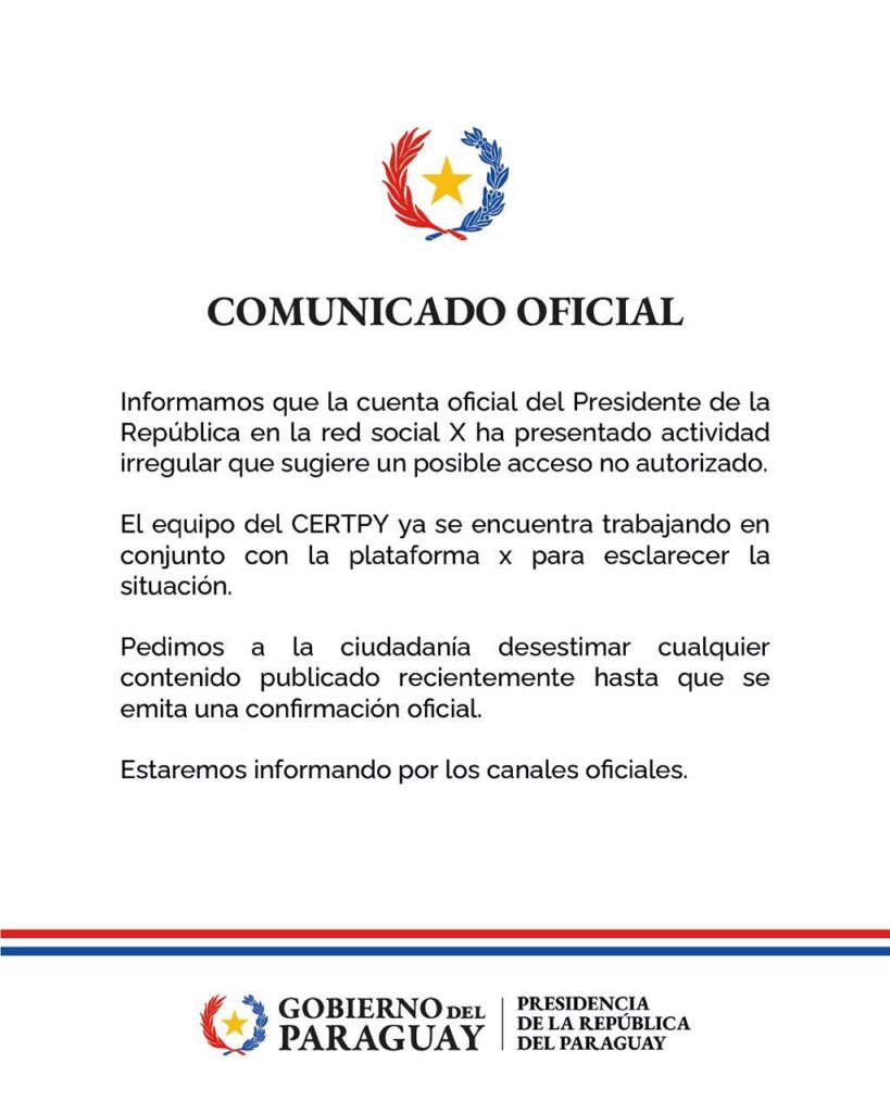 Paraguaya Presidency statement before the Bitcoin X post as a legal tender