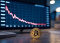 gráfico en el fondo y una moneda de bitcoin al frente.