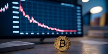 gráfico en el fondo y una moneda de bitcoin al frente.
