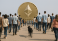 Mucha gente diferente caminando hacia una gran moneda física de Ethereum