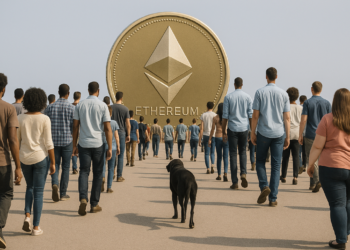 Mucha gente diferente caminando hacia una gran moneda física de Ethereum