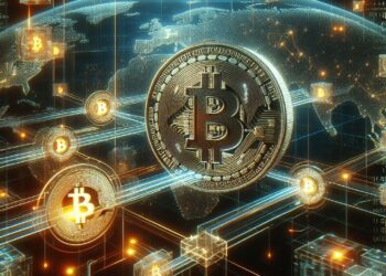 Una moneda de bitcoin siendo transferida a traves de la red.