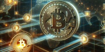 Una moneda de bitcoin siendo transferida a traves de la red.