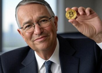 Ricardo Salinas sosteniendo un bitcoin.