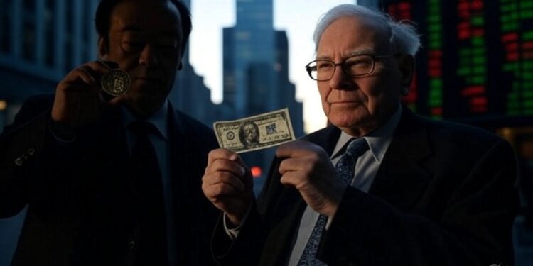 Una persona en la sombra que simbolice a Satoshi Nakamoto y Warren Buffett al lado.