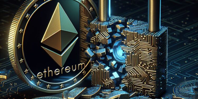 Un token de ether junto a un candado digital roto.
