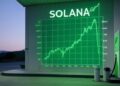 Solana en una gasolinera con gráficas en verde.